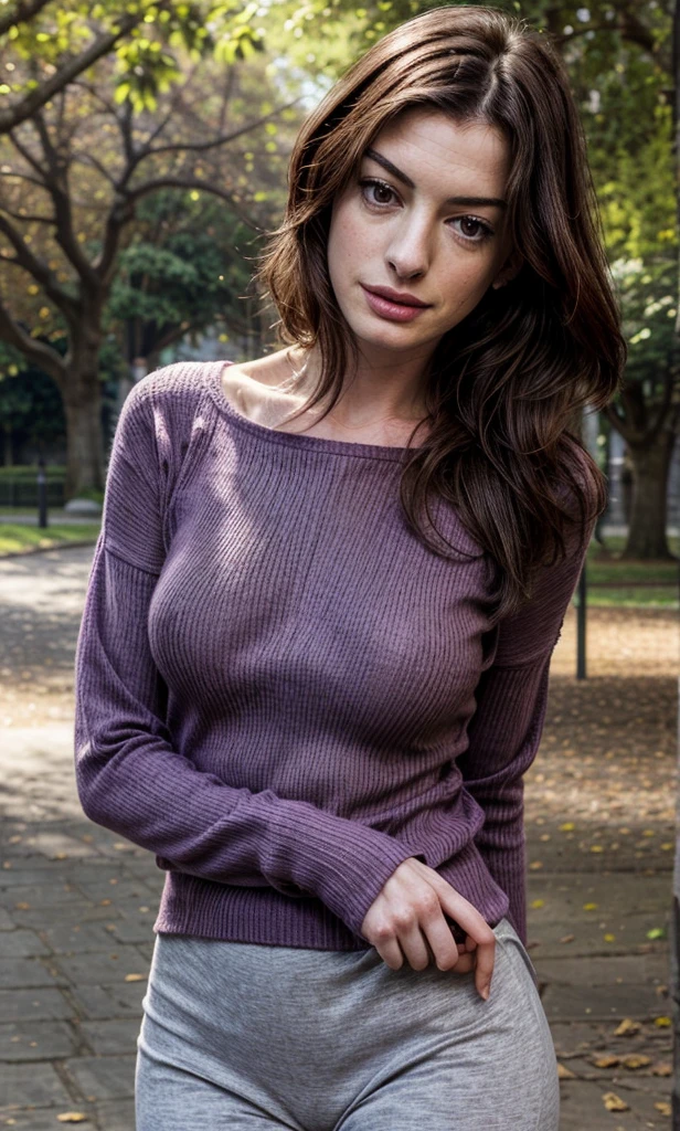 Anne Hathaway, purple sweater, neckline, tight clothes, neckline, looking to the viewer, expressive eyes, focus on eyes, NSFW, nobody around, in the park, sunny day, neckline expressive, squeezing neckline, grabbing neckline