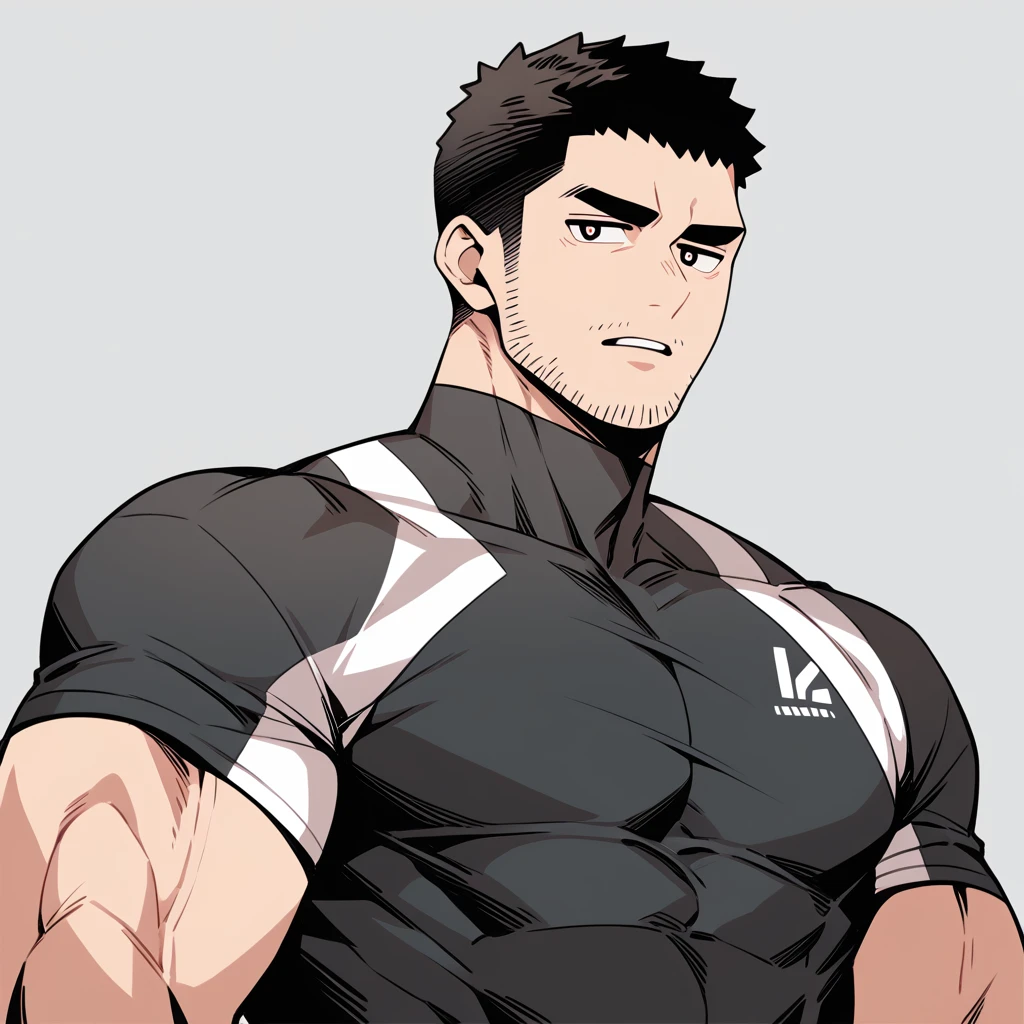 anime characters:Chris Redfield, Muscle Sports Student, Buzz Cut, Manliness, male focus, Dark black Yellow high collar long sleeve tight T-shirt, Very tight, full and perky chest muscles, muscular male, muscular, only, Upper body, alone, Black short hair, Thick eyebrows, stubble, Brown-red pupils, Grey background, simple background, amazing quality, best aesthetics, Ridiculous, parted lips, v-shaped eyebrows, jitome, best quality