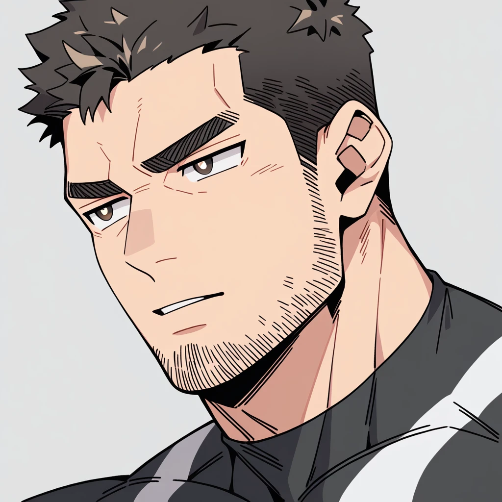 anime characters:Chris Redfield, Muscle Sports Student, Buzz Cut, Manliness, male focus, Dark black Yellow high collar long sleeve tight T-shirt, Very tight, full and perky chest muscles, muscular male, muscular, only, Upper body, alone, Black short hair, Thick eyebrows, stubble, Brown-red pupils, Grey background, simple background, amazing quality, best aesthetics, Ridiculous, parted lips, v-shaped eyebrows, jitome, best quality