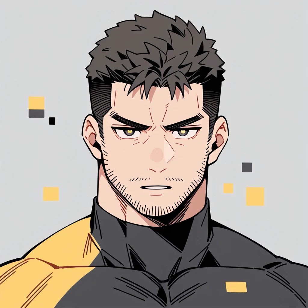 anime characters：Chris Redfield, Muscle Sports Student, Buzz Cut, Manliness, male focus, Dark black Yellow high collar long sleeve tight T-shirt, Very tight, full and perky chest muscles, muscular male, muscular, only, Upper body, alone, Black short hair, Thick eyebrows, stubble, Brown-red pupils, Grey background, simple background, amazing quality, best aesthetics, Ridiculous, parted lips, v-shaped eyebrows, jitome, best quality