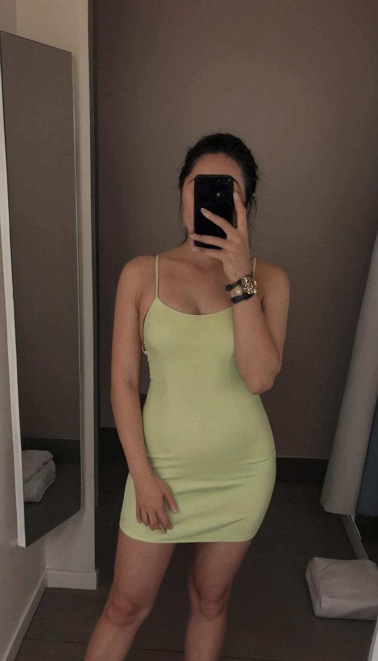 Replace the woman's dress, she is supposed to wear bikini and thong in the picture