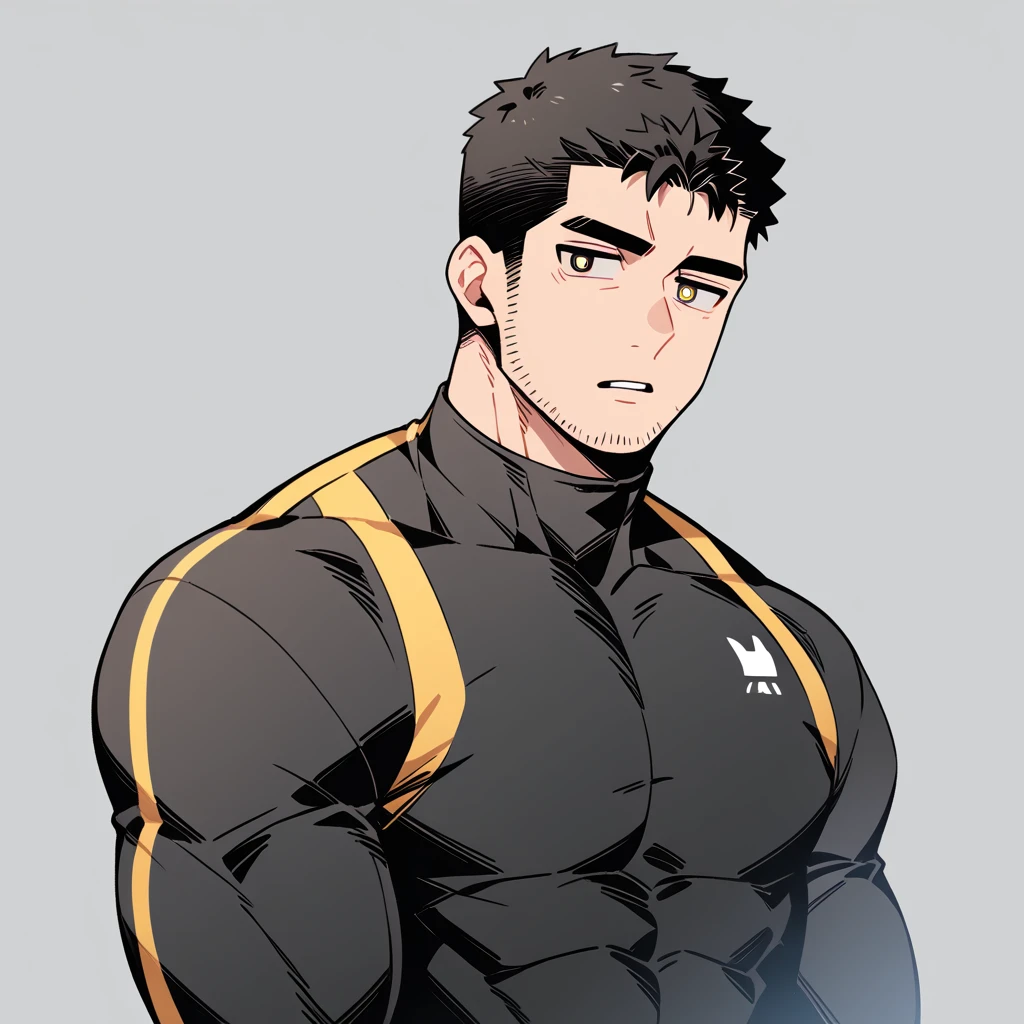 anime characters：Chris Redfield, Muscle Sports Student, Buzz Cut, Manliness, male focus, Dark black Yellow high collar long sleeve tight T-shirt, Very tight, full and perky chest muscles, muscular male, muscular, only, Upper body, alone, Black short hair, Thick eyebrows, stubble, Brown-red pupils, Grey background, simple background, amazing quality, best aesthetics, Ridiculous, parted lips, v-shaped eyebrows, jitome, best quality