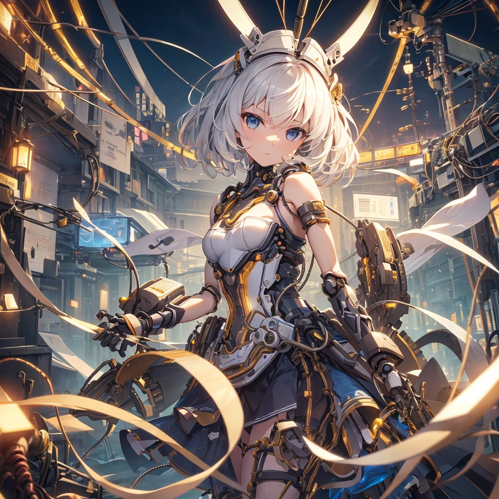 ((arms、knife、armsを持つ))(((Tabletop))), (((Highest quality))), ((Very detailed)), (High-definition CG illustrations), ((Very delicate and beautiful)),(Cute and delicate face),Cinematic Light,((1. Mechanical Girl)),alone,,whole body,(Mechanical joints:1.4),Expressionless,(Wires and cables attached to head and body:1.5),Small breasts,short hair,(Character Focus),sf、flower
