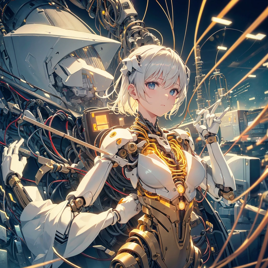 ((arms、knife、armsを持つ))(((Tabletop))), (((Highest quality))), ((Very detailed)), (High-definition CG illustrations), ((Very delicate and beautiful)),(Cute and delicate face),Cinematic Light,((1. Mechanical Girl)),alone,,whole body,(Mechanical joints:1.4),Expressionless,(Wires and cables attached to head and body:1.5),Small breasts,short hair,(Character Focus),sf、flower