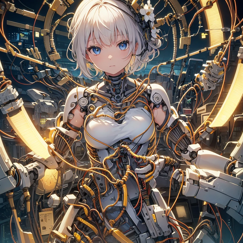 ((arms、knife、armsを持つ))(((Tabletop))), (((Highest quality))), ((Very detailed)), (High-definition CG illustrations), ((Very delicate and beautiful)),(Cute and delicate face),Cinematic Light,((1. Mechanical Girl)),alone,,whole body,(Mechanical joints:1.4),Expressionless,(Wires and cables attached to head and body:1.5),Small breasts,short hair,(Character Focus),sf、flower