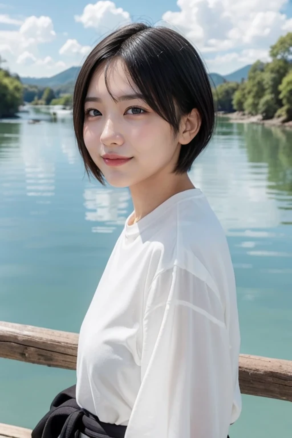 8k, RAW photo, best quality, masterpiece, realistic, photo-realistic, clear, professional lighting, beautiful face, no makeup, best quality, ultra high res, BREAK, Japanese cute girl, 14 years old, (short cut hair:1.2), smile, BREAK, standing, BREAK, (suspension bridge:1.3), (black eyes, black hair:1.2)