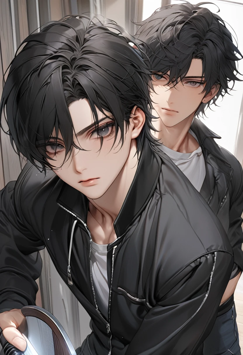 A highschool boy, handsome, perfect body, black hair, short hair, mullet, black eyes, upturned eyes, expressionless, black jacket, anime, first-person view, masterpiece, anatomically correct, high details, highres, best quality, super detail, sword master
