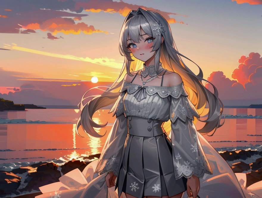 ((masterpiece, extremely high quality)),((4k, detailed beautiful cute eyes)),((cinematic view, high detailed 1sunset, high detailed colors, high detailed clouds, depth of view)),1teenage girl standing at a beach side with her hands behind her back, looking at viewer, white skin, closed lips, soft warm smile, silver long-hair, grey-bluish eyes, slender physique, medium-size chest, small-diamond snowflake necklace, white off-shoulder straps ruffled blouse, greyish high-waisted a-line mini skirt with lace trim.