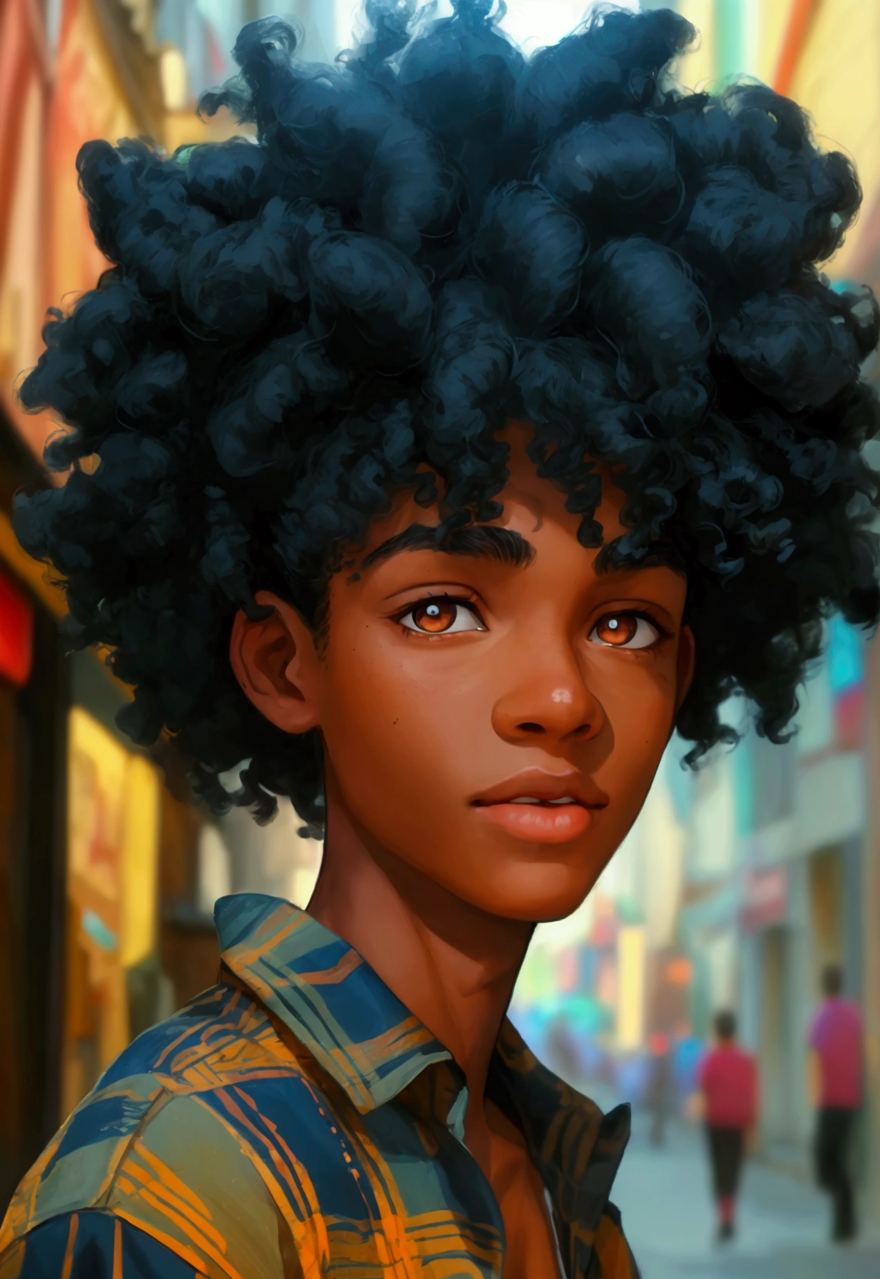 a 16-year-old boy with an average height of 1.80 cm, facial features of mixed origin, such as an aquiline nose and full lips, inherited from his African ancestry, and more refined features from the white side of his heritage. Her hair is an explosion of frizzy Afro-style curls, reaching almost to her shoulders, and is a deep black color, highlighted by the brown tones of her eyes. To make the look more youthful and lively, give it a caricature look, with exaggerated and expressive features, such as bouncy eyebrows and large shiny eyes. He adds a tight shirt and ripped jeans, showing off his emerging muscles and making it clear that he is confident and proud of his unique appearance.