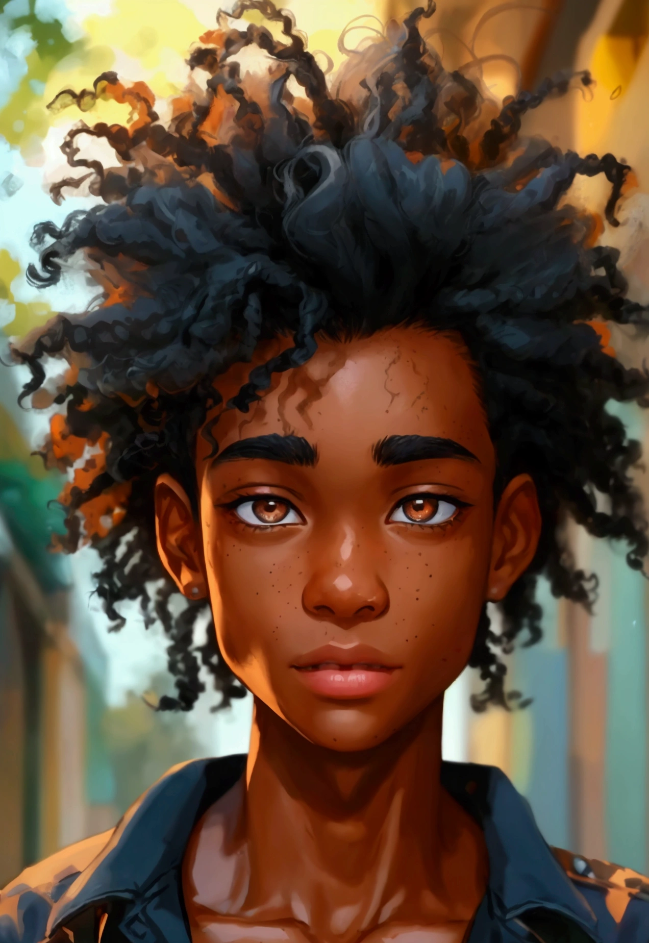 a 16-year-old boy with an average height of 1.80 cm, facial features of mixed origin, such as an aquiline nose and full lips, inherited from his African ancestry, and more refined features from the white side of his heritage. Her hair is an explosion of frizzy Afro-style curls, reaching almost to her shoulders, and is a deep black color, highlighted by the brown tones of her eyes. To make the look more youthful and lively, give it a caricature look, with exaggerated and expressive features, such as bouncy eyebrows and large shiny eyes. He adds a tight shirt and ripped jeans, showing off his emerging muscles and making it clear that he is confident and proud of his unique appearance.