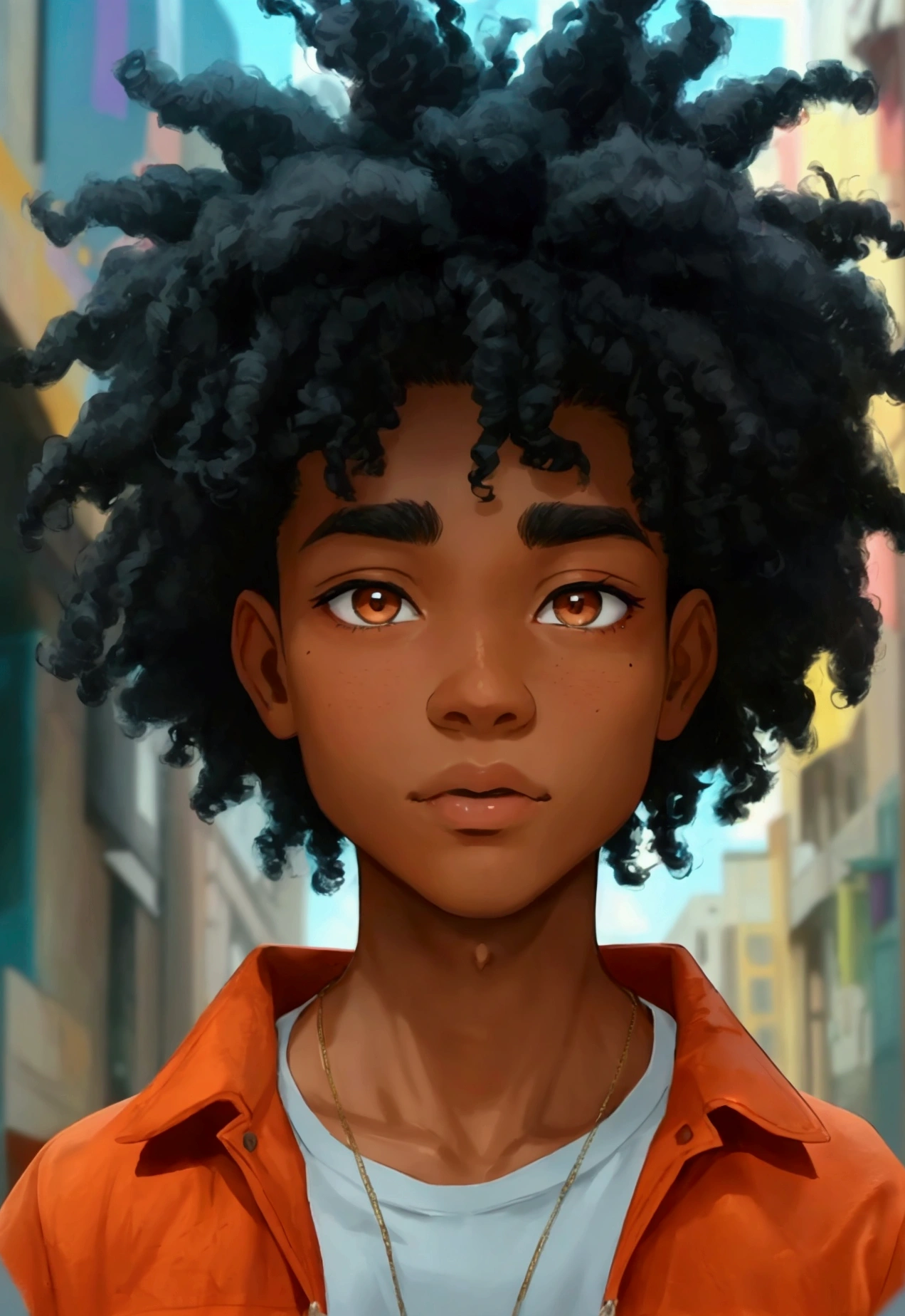 a -yeld boith an average height of 1.80 cm, facial features of mixed origin, such as an aquiline nose and full lips, inherited from his African ancestry, and more refined features from the white side of his heritage. Her hair is an explosion of frizzy Afro-style curls, reaching almost to her shoulders, and is a deep black color, highlighted by the brown tones of her eyes. To make the look more youthful and lively, give it a caricature look, with exaggerated and expressive features, such as bouncy eyebrows and large shiny eyes. He adds a tight shirt and ripped jeans, showing off his emerging muscles and making it clear that he is confident and proud of his unique appearance.