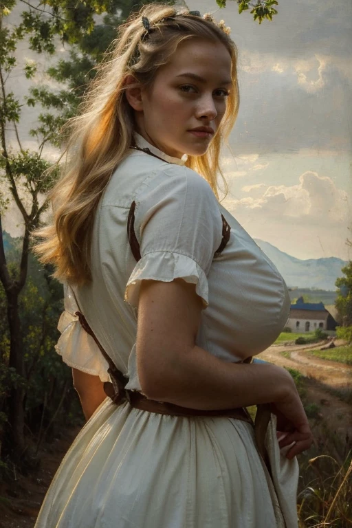 masterpiece, oil painting of Guinwen as a young maid, 8K, 1 girl, realistic oil painting, pretty face, Face of Guinwen, realistic face, realistic eyes, beautifully detailed eyes, muito detalhado, blond hair, blonde hair, gray eyes, visible waist, large breasts, massive breasts, huge areolae,18. century, Portrait, Fields in the background, small farmhouses