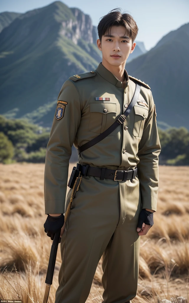 Ultra HD resolution,High-resolution details,1 handsome Korean man,20-year-old handsome soldier,Resolute Soldier, majestic,Handsome Korean muscular man,Broad shoulders and narrow waist,Handsome man in military uniform,Shapewear fabric contours the bust,In,Masculine and sexy,High target,Muscles look good,Wheat skin color,black eyes(Fine eye 1:3),Full body image,Standing,Smiling at the camera,Background troops are training grounds