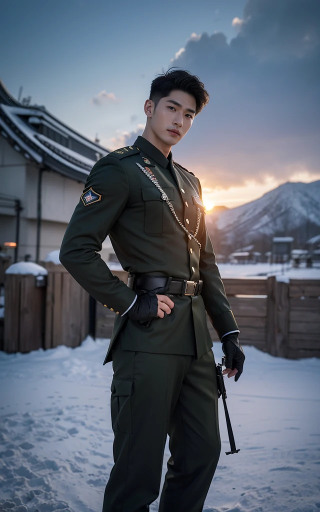 Ultra HD resolution，High-resolution details，1 handsome Korean man，20-year-old handsome soldier，Resolute Soldier,  majestic，Handsome Korean muscular man，Broad shoulders and narrow waist，Handsome man in military uniform，Shapewear fabric contours the bust，In，Masculine and sexy，High target，Muscles look good，Wheat skin color，black eyes（Fine eye 1：3），Full body image，Standing，Smiling at the camera，Background troops are training grounds