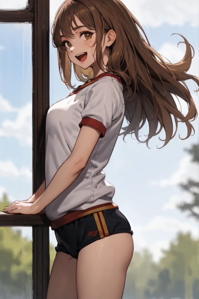masterpiece, look at viewer, 1girl, solo, gym uniform, from bellow, brown hair, long hair, open mouth, cowboy shot, from side, jumping, smile,
Hermione Granger,