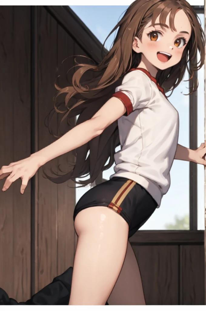 masterpiece,  look at viewer, 1girl, solo, gym uniform,  from bellow, brown hair, long hair, open mouth, cowboy shot, from side, jumping, smile,
Hermione Granger,