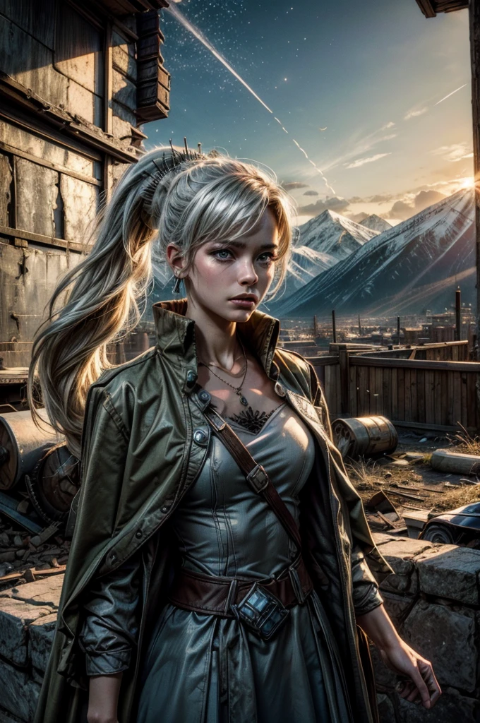 (masterpiece, best quality:1.2), cowboy shot, weissvale, expressionless, closed mouth, looking at viewer, ponytail, scar on eye, military dress, jewelry, necklace, earrings, (standing with crowd in city ruins on hill), overlooking valley, BREAK night, stars, moon, snow, BREAK mountains in background, waterfall, vehicle wreck, , (crowd in military uniform), bonfires, post-apocalypse, dystopian future,
