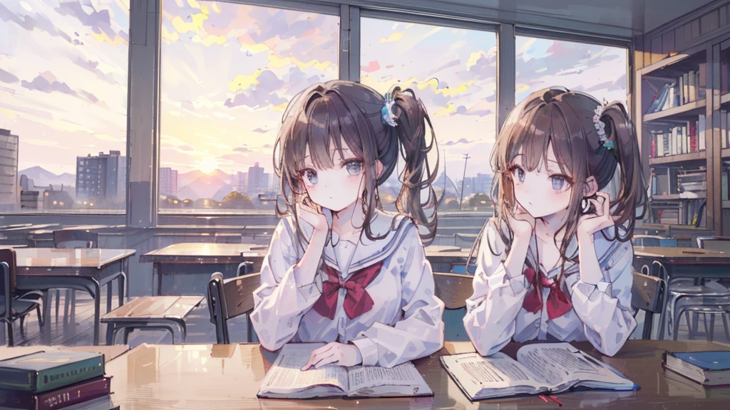 (((Highest quality, 8K, masterpiece: 1.3)), Sharp focus, Slim abdomen,  (White shirt), ((Side Ponytail)), Highly detailed face and skin texture, Fine grain, double eyelid, Japanese schoolgirl, Brown Hair, Sleepy face, (While studying in the library), (High School Uniform), sunset, Cowboy Shot