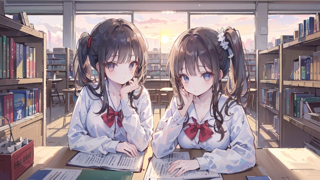(((Highest quality, 8K, masterpiece: 1.3)), Sharp focus, Slim abdomen, (White shirt), ((Side Ponytail)), Highly detailed face and skin texture, Fine grain, double eyelid, Japanese schoolgirl, Brown Hair, Sleepy face, (While studying in the library), (High School Uniform), sunset, Cowboy Shot