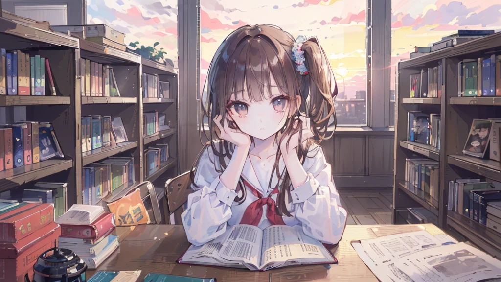 (((Highest quality, 8K, masterpiece: 1.3)), Sharp focus, Slim abdomen,  (White shirt), ((Side Ponytail)), Highly detailed face and skin texture, Fine grain, double eyelid, Japanese schoolgirl, Brown Hair, Sleepy face, (While studying in the library), (High School Uniform), sunset, Cowboy Shot