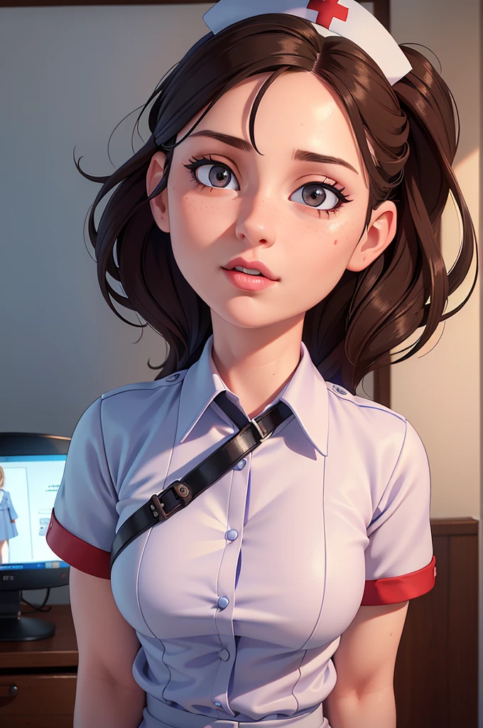 phothorealistic image of (a woman:1.1) A girl in a nurse uniform (from behind) (Best Quality,4k,8k,high resolution,Masterpiece:1.2), (realist,photorealist,photo-realist:1.37), ultra detailed, (professional:1.1) que incluande (a beautiful face) with (Extremely detailed eyes) and (beautiful detailed lips). the girl is seen (From a third person perspective:1.1), focusing on the (nurse&#39;s ass) in a (sexand:0.9) form. The nurse wears a (sexual white uniform) with a (stethoscope) around your neck. The scene is (brightly lit) with (soft natural lighting) highlighting the girl and the nurse. The work of art must have a (realist) standle and vibrant colors to create a (natural) Atmosphere.