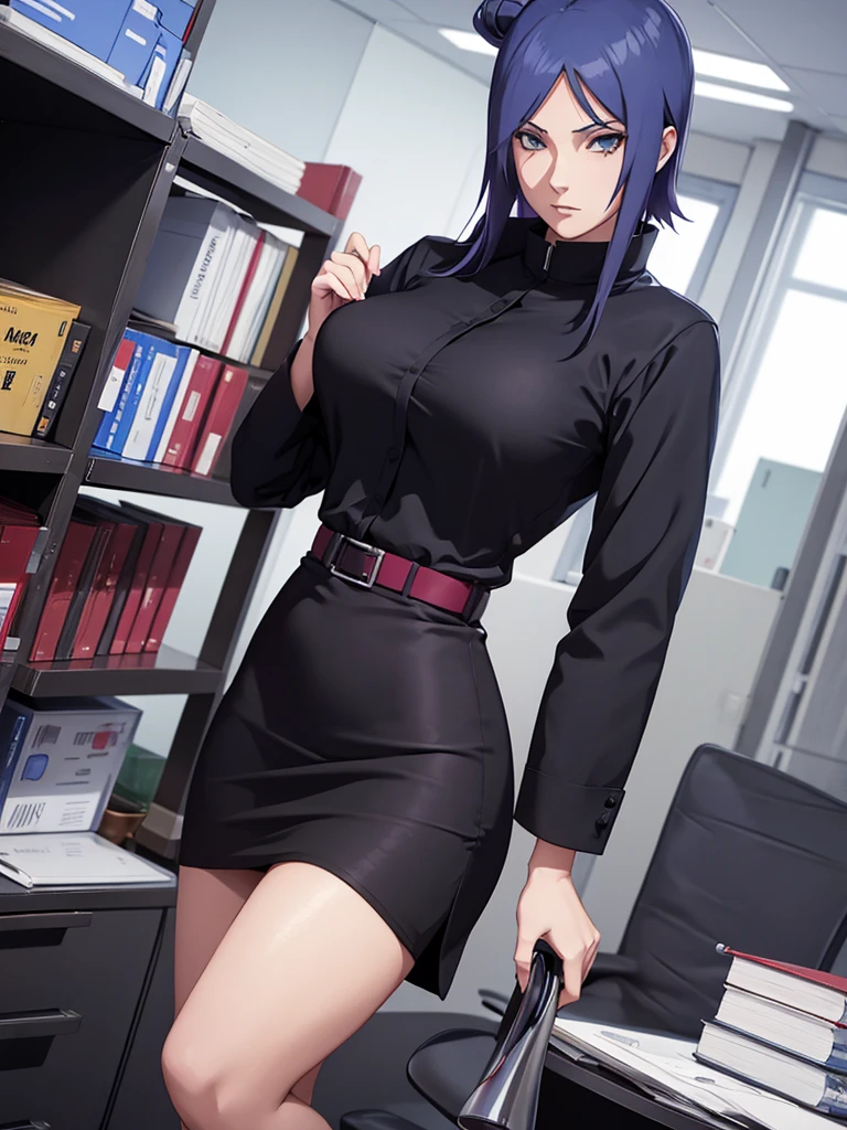 Konan from Naruto, 1girl, as an office lady, wearing a office suit, black colour tight skirt, at an office, 8k, high detailed, high quality