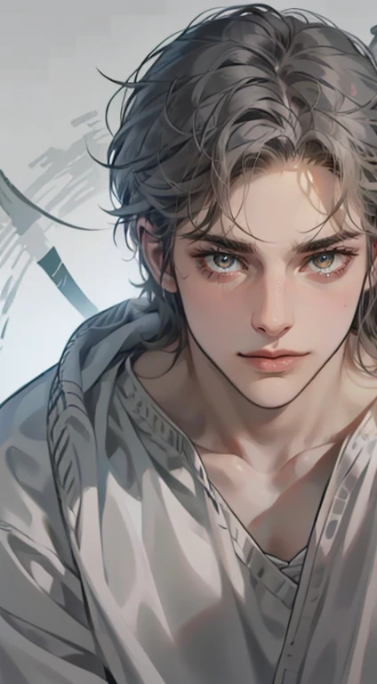 masterpiece, best quality, realistic, 1man, mature male, quiet and charming  man, 35 years old, close his eyes, serious, closed mouth, extremely detailed face, cold, ((dark grey blue eyes)), ((short-right-swept dark grey hair)), [thick eyebrows], ((hunter)), accurate, detailed, ((town))