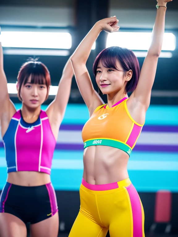 Best quality 8k resolution Ultra detailed Bright neon colored competition sportswear Serious facial expression Two women Abs Arms up Very short hair High waisted tights Flat chest Japanese Sharp focus Track and field club Very short hair 27 years old Sweating