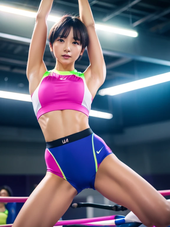 Best quality 8k resolution Ultra detailed Bright neon colored competition sportswear Serious facial expression Two women Abs Arms up Very short hair High waisted tights Flat chest Japanese Sharp focus Track and field club Very short hair 27 years old Sweating