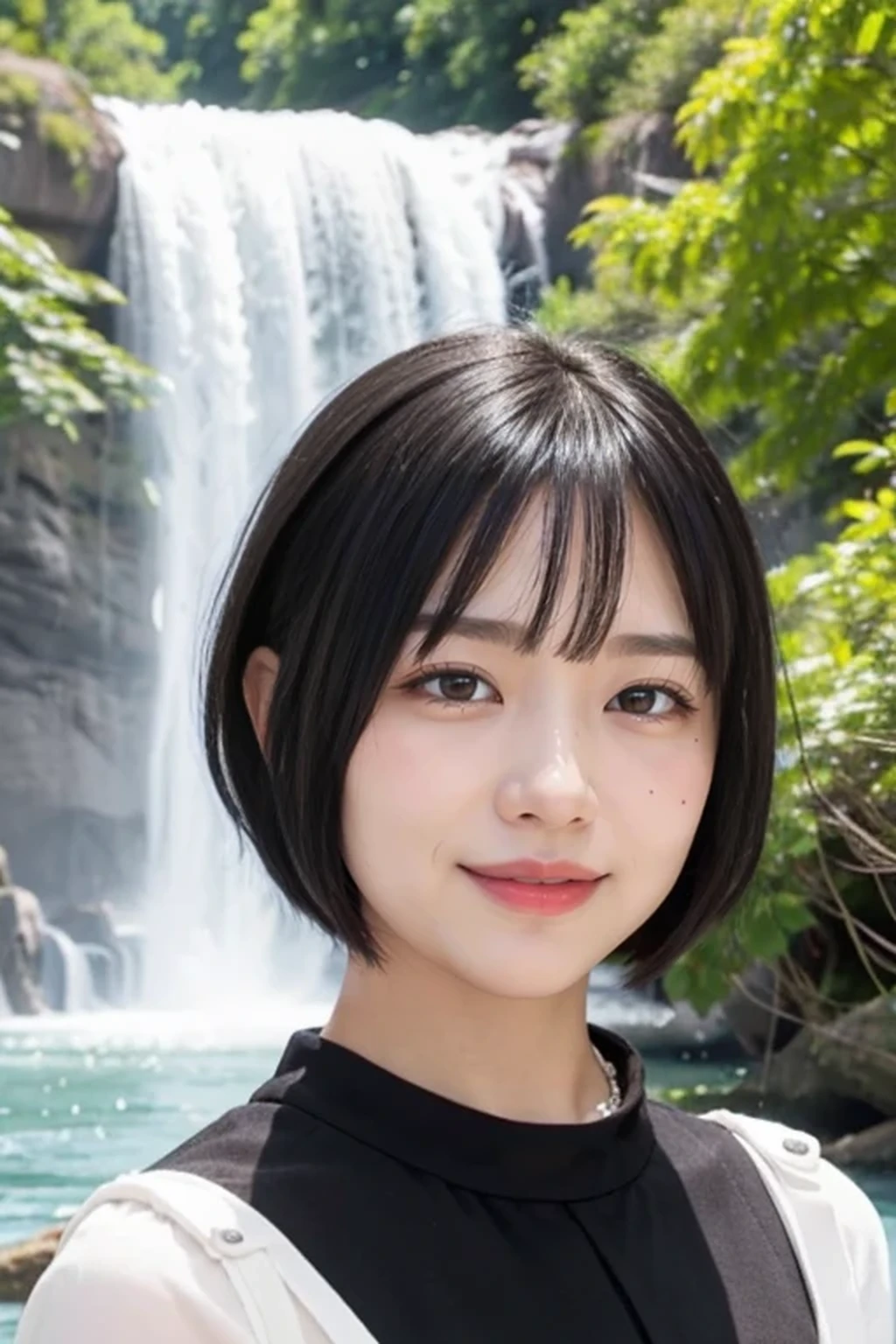 8k, RAW photo, best quality, masterpiece, realistic, photo-realistic, clear, professional lighting, beautiful face, no makeup, best quality, ultra high res, BREAK, Japanese cute girl, 14 years old, (short cut hair:1.2), smile, BREAK, standing, BREAK, (waterfall:1.3), (black eyes, black hair:1.2)