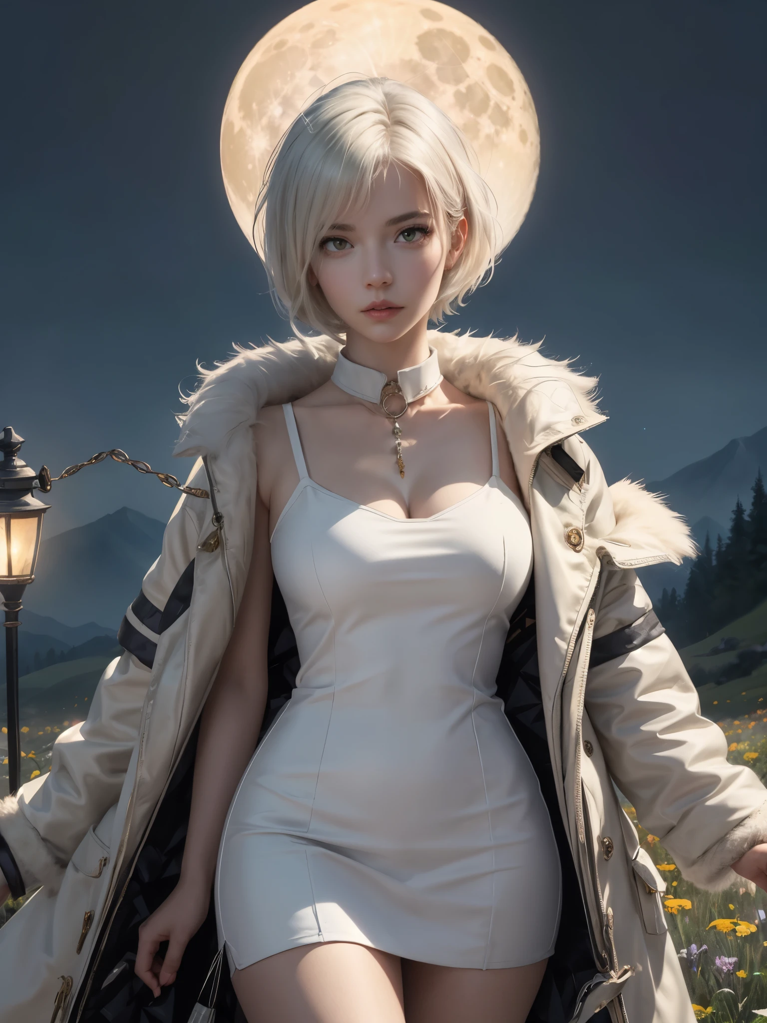 1girl, detailed face, looking at viewer, parted lips, expressive, beautiful intricate body, fine line work, shiny skin, (white short hair:1.2), green taut collared mini dress, fur collar fur-trimmed coat, concept art, expansive landscape, flower field, (full moon:1.2), distant mountain, production art, warm light source, firefly, lamp, purple and orange, intricate details, volume lighting, masterpiece, highest quality, dynamic configuration, colorful, irisdescent, sparkling lighting, atmospheric lighting, dreamy, magical, full breasts, gigantic breasts,