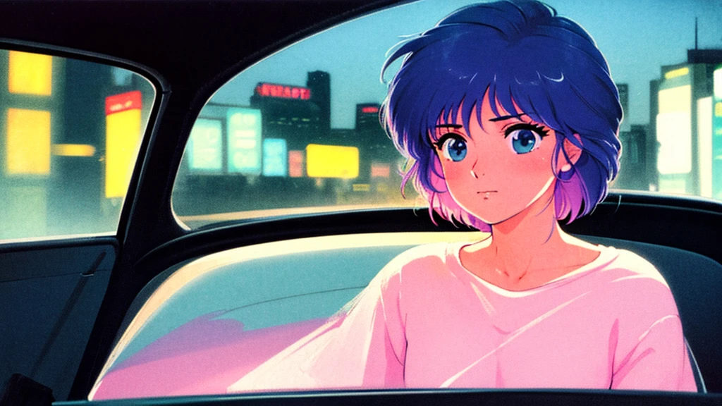 Create an image from the angle inside a car, showing a woman with a thoughtful expression on her face as she gazes out of the side window at the cityscape. The city outside should be visible, illuminated by streetlights and neon signs. Use soft, pastel colors and subtle gradients to capture a dreamy, reflective atmosphere. Ensure the interior of the car feels cozy and comfortable, adding to the overall serene vibe. 80's city pop style.
