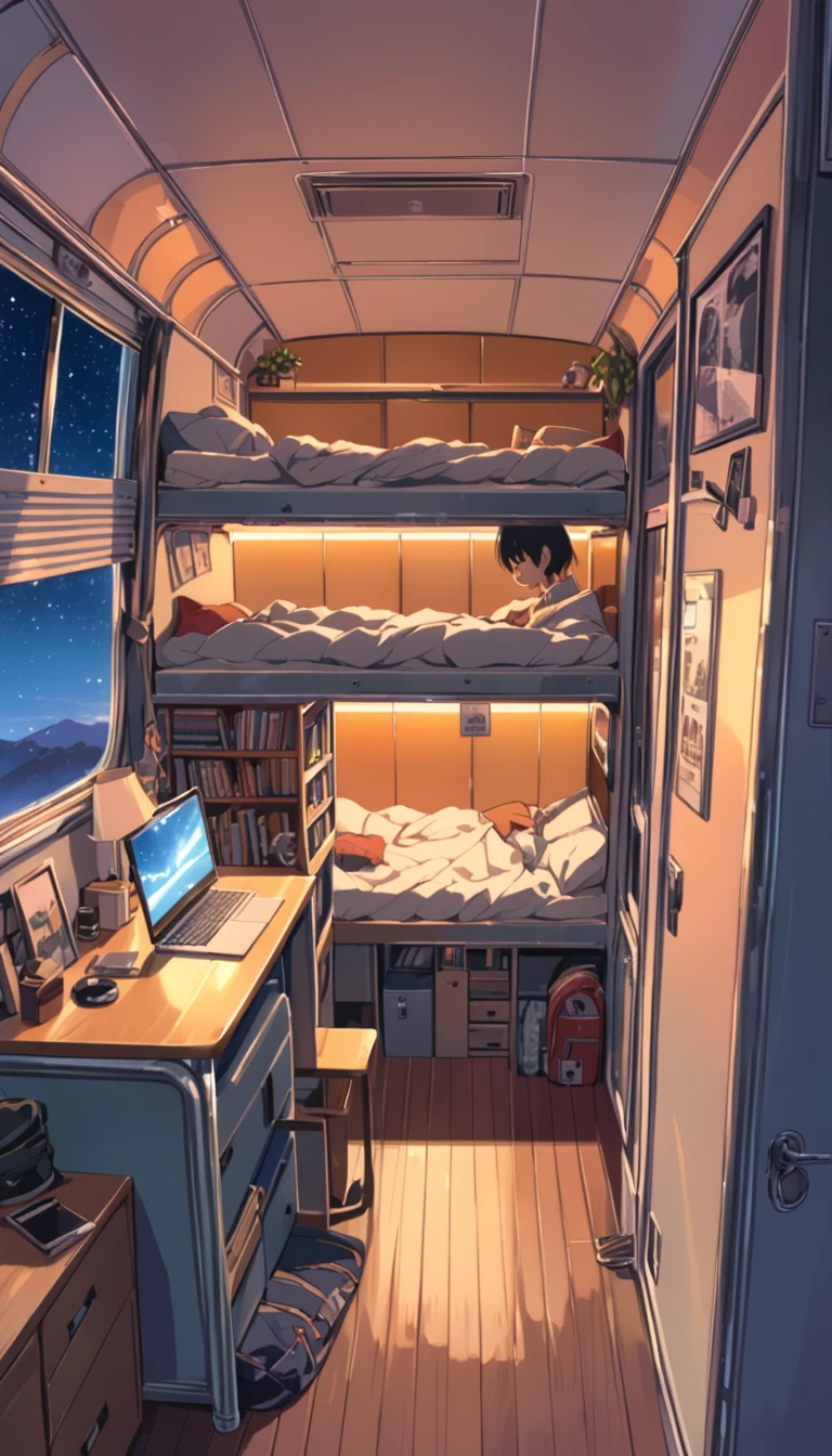 lofi art, style of Laurie Greasley, style of Makoto Shinkai, anime aesthetic, BREAK {illustration of a man and a woman living inside a converted bus. The interior should be cozy and detailed, featuring bunk beds. The woman is on the upper bunk with a small window showing a night sky view, while the man is on the lower bunk with a desk, computer, and personal items. Include shelves, storage spaces, and scattered personal belongings throughout the bus, giving it a lived-in feel. The atmosphere should be warm and intimate, highlighting the unique and compact living environment inside the bus.}