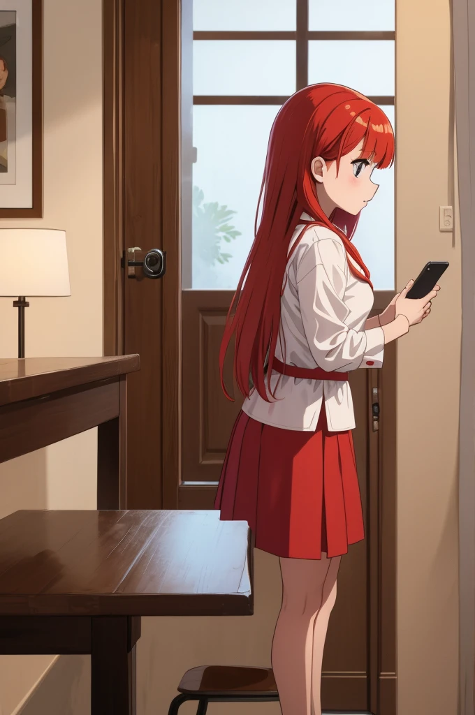make redhaired girl at home, she's holding a smartphone