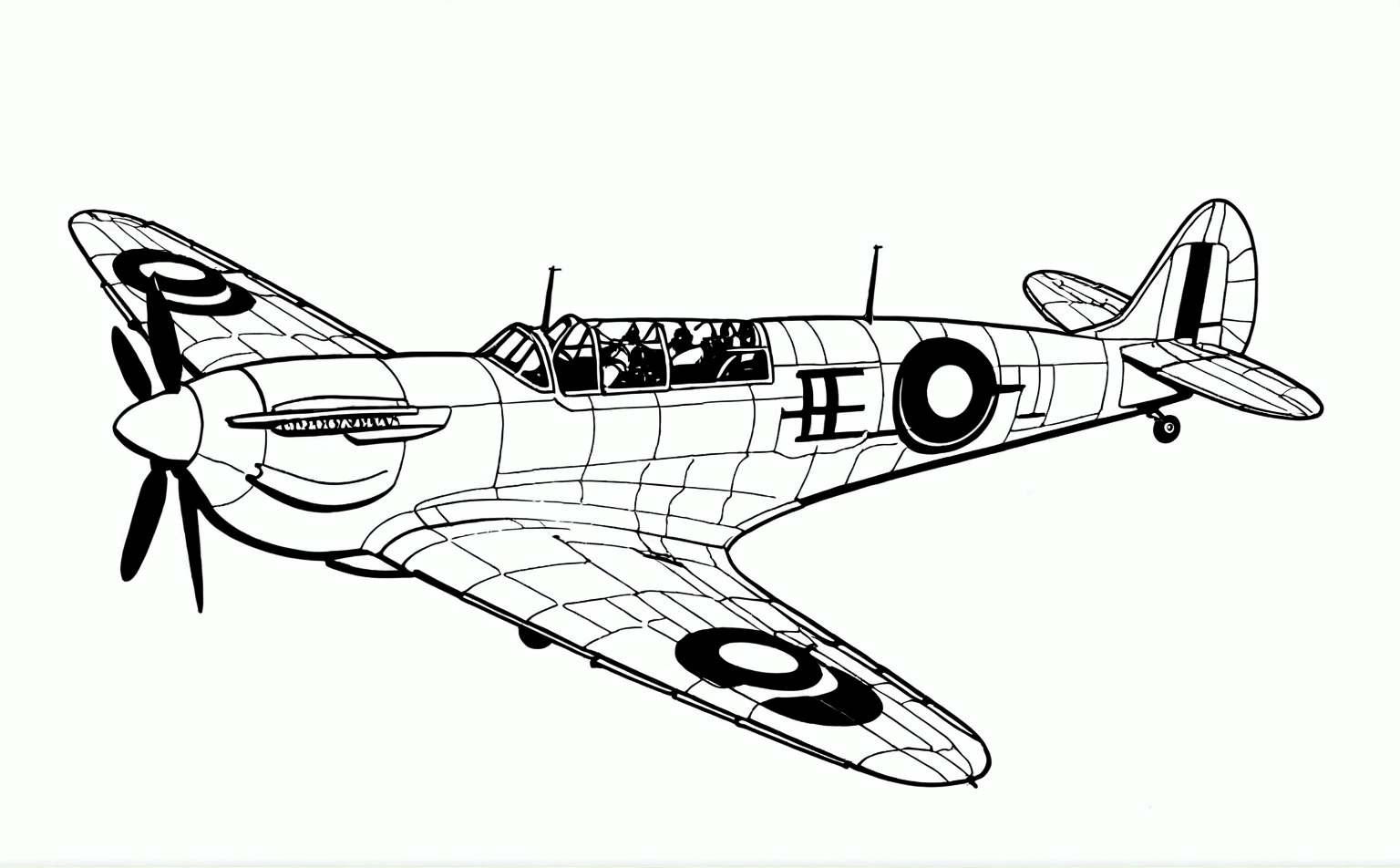 black and white, line art, coloring drawing of (spitfire aircraft) , line art, sketch, (lora:Coloring_book_-_LineArt:0.6)