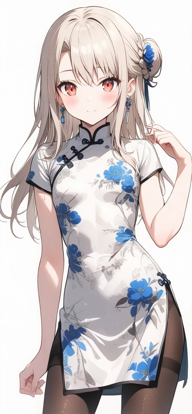 qipao,solo,1girl,(illyasviel von einzbern),red_eyes,cream hair,(french braid),smile,blue flower,breasts,china dress,chinese clothes,dress,shawl,earrings,floral print,hand up,long hair,looking at viewer,pantyhose,print dress,simple background,smile,solo,white background