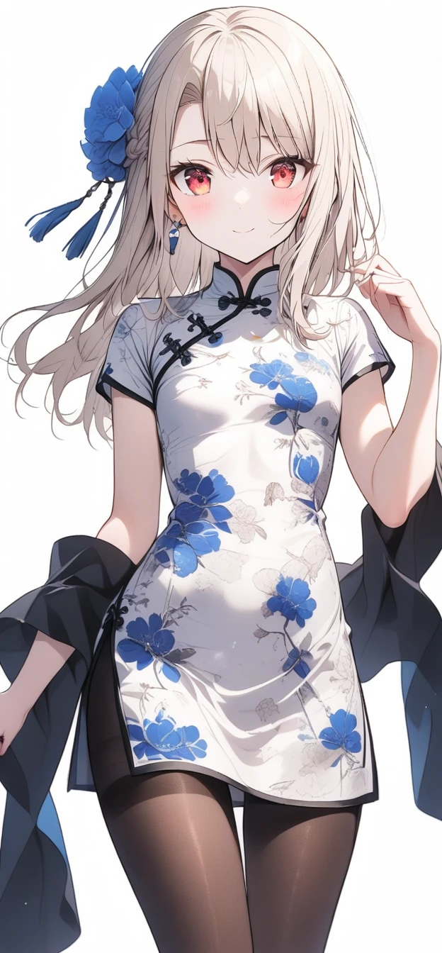 qipao,solo,1girl,(illyasviel von einzbern),red_eyes,cream hair,(french braid),smile,blue flower,breasts,china dress,chinese clothes,dress,shawl,earrings,floral print,hand up,long hair,looking at viewer,pantyhose,print dress,simple background,smile,solo,white background