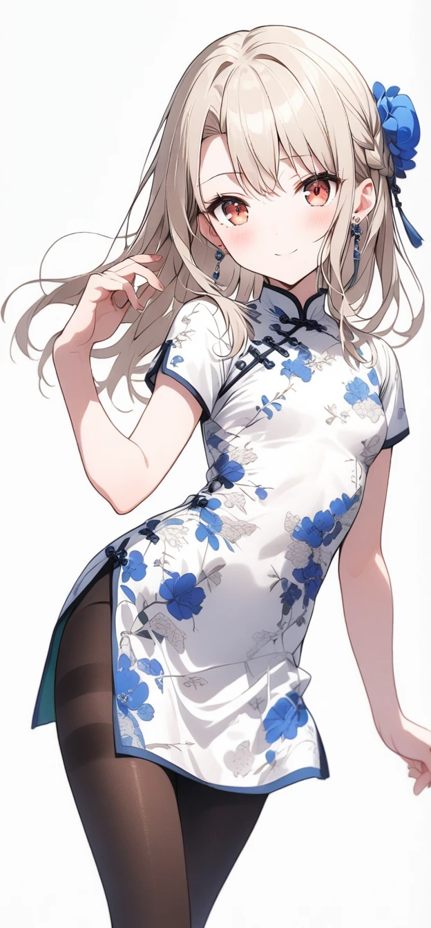 qipao,solo,1girl,(illyasviel von einzbern),red_eyes,cream hair,(french braid),smile,blue flower,breasts,china dress,chinese clothes,dress,shawl,earrings,floral print,hand up,long hair,looking at viewer,pantyhose,print dress,simple background,smile,solo,white background