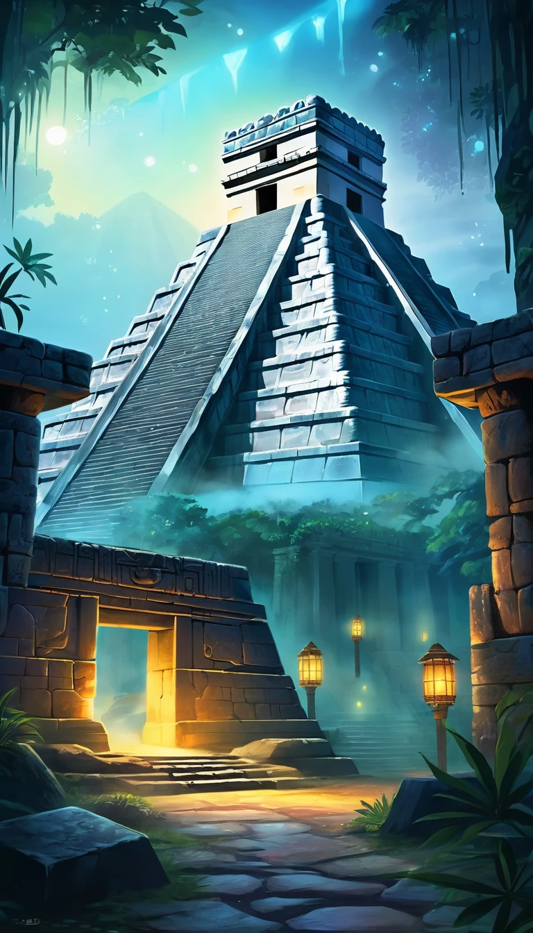 card "Dungeons of Chichen Itza", Hidden dungeons under the city, full of dangers and mysteries. Find your way through the labyrinths and uncover the secrets, hidden in the dark.
Peculiarities: Labyrinths, Hidden Traps, Ancient artifacts. digital painting, location, location из игры, большая location, glowing effects in the background, fog in the foreground with glow effects, colorful, cute style, anime style, огромная игровая location, shimmering treasures, attention-grabbing