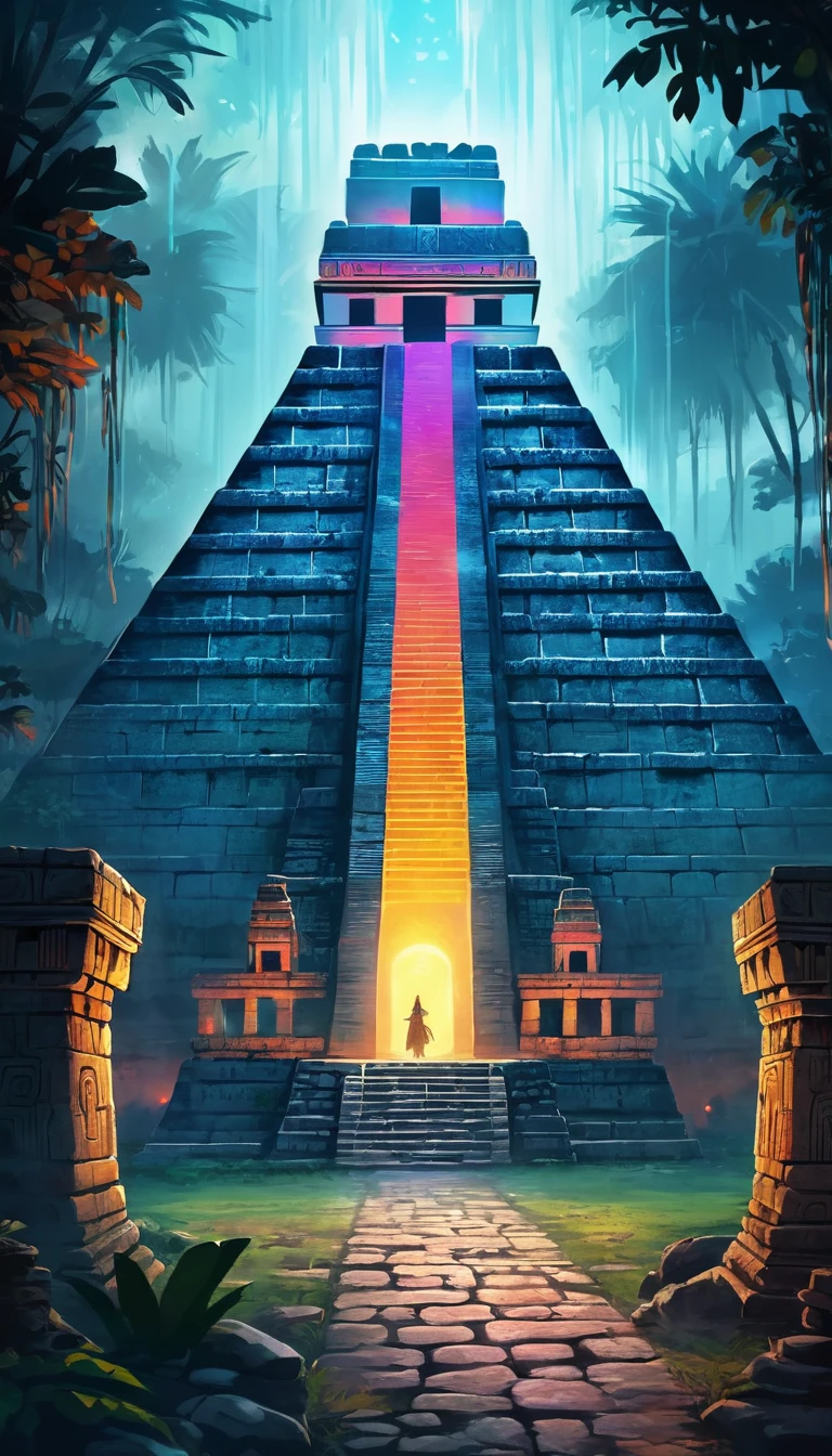 card "Dungeons of Chichen Itza", Hidden dungeons under the city, full of dangers and mysteries. Find your way through the labyrinths and uncover the secrets, hidden in the dark.
Peculiarities: Labyrinths, Hidden Traps, Ancient artifacts. digital painting, location, location из игры, большая location, glowing effects in the background, fog in the foreground with glow effects, colorful, cute style, anime style, огромная игровая location, shimmering treasures, attention-grabbing