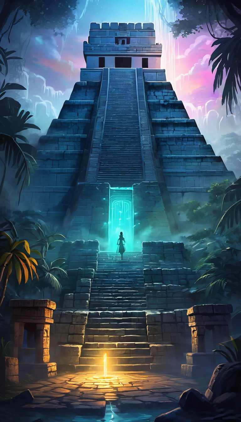 card "Dungeons of Chichen Itza", Hidden dungeons under the city, full of dangers and mysteries. Find your way through the labyrinths and uncover the secrets, hidden in the dark.
Peculiarities: Labyrinths, Hidden Traps, Ancient artifacts. digital painting, location, location из игры, большая location, glowing effects in the background, fog in the foreground with glow effects, colorful, cute style, anime style, огромная игровая location, shimmering treasures, attention-grabbing