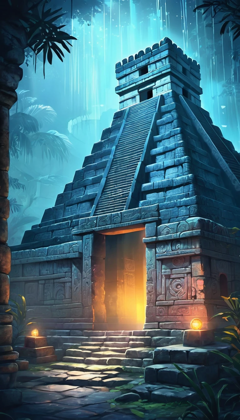 card "Dungeons of Chichen Itza", Hidden dungeons under the city, full of dangers and mysteries. Find your way through the labyrinths and uncover the secrets, hidden in the dark.
Peculiarities: Labyrinths, Hidden Traps, Ancient artifacts. digital painting, location, location из игры, большая location, glowing effects in the background, fog in the foreground with glow effects, colorful, cute style, anime style, огромная игровая location, shimmering treasures, attention-grabbing
