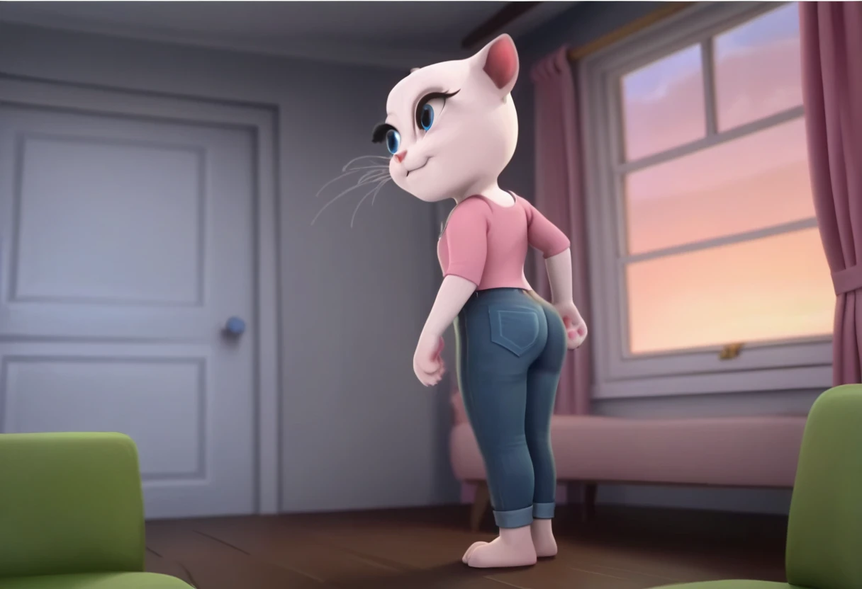 solo focus, a_la, 1girl, cat, white fur, long whiskers on both sides of the face, big bright blue eyes, big black eyelashes, black hair, big ass, pink nose, triangular ears with pink channels, long legs, high heels, shorts jeans, white T-shirt, with hat, side view. in bed, smile, at home, looking back, sexy pose.Score_9, Score_8_up, Score_7_