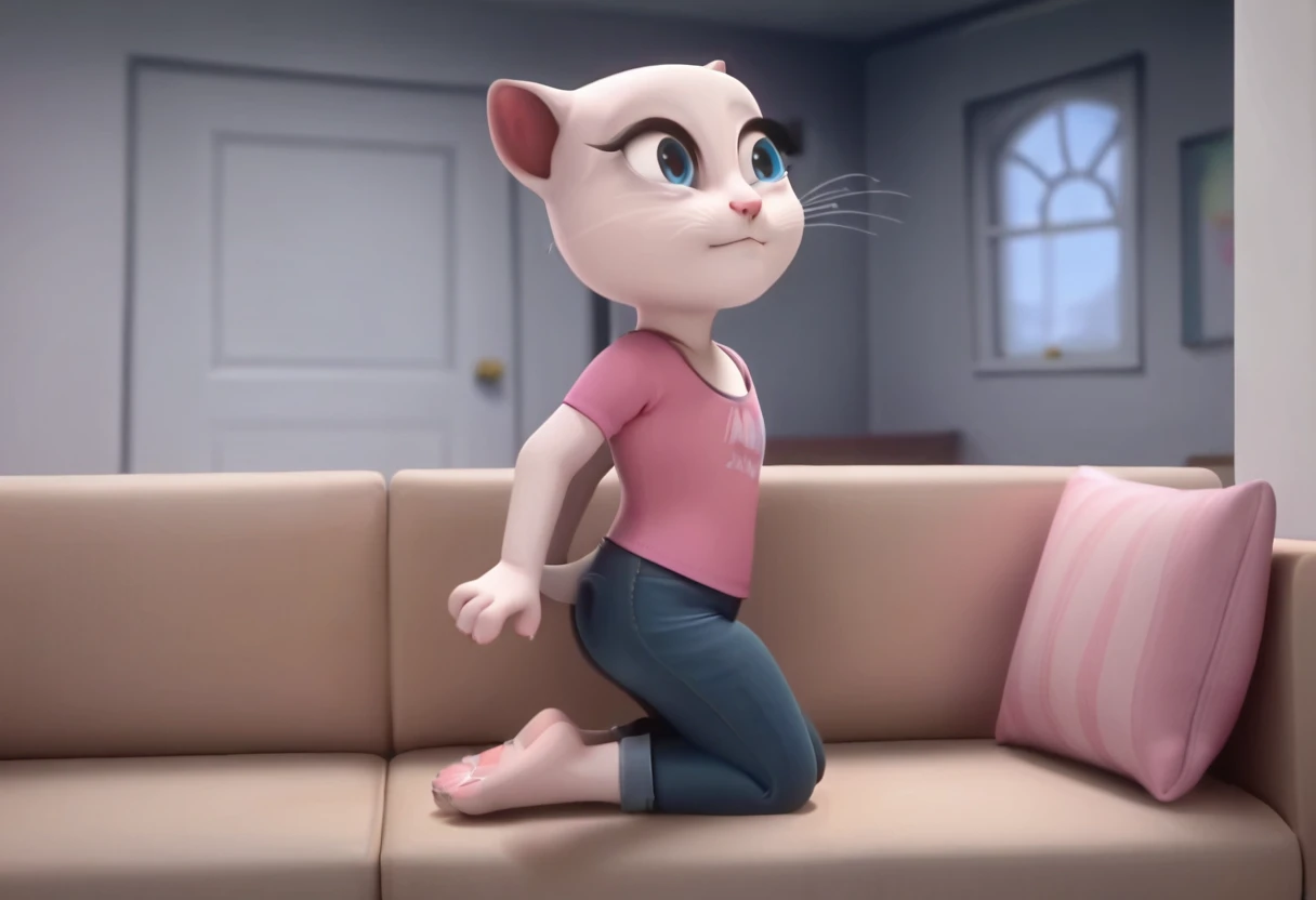 1 girl, cat, white fur, long whiskers on both sides of her face, big bright blue eyes, big black eyelashes, small pink nose, triangular ears with pink channels, 1 female and 1 male human. He wears tights and jeans,
Woman lies on her back with a pillow under her head
and pulls his feet towards himself and raises them in the air. The man kneels down and lifts the woman's hips.
removes. The man fucks the woman's ass. side view of sex.anal ass.