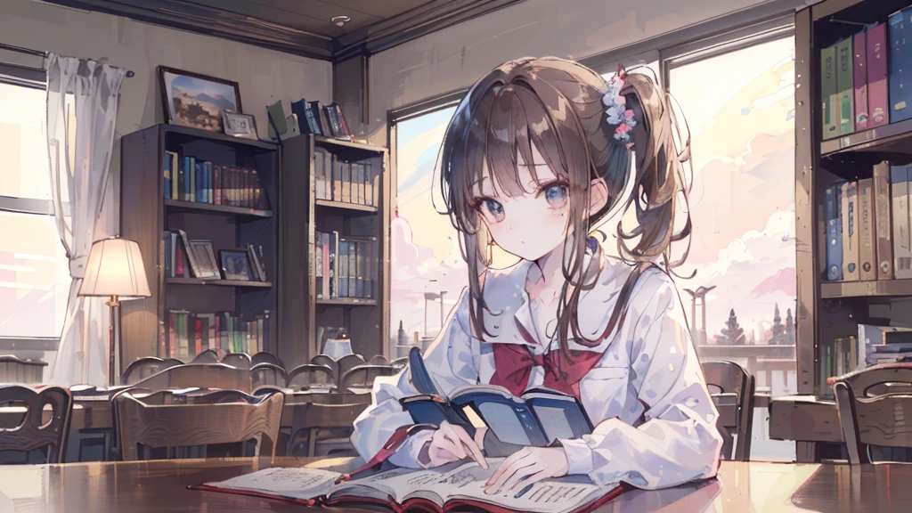 (((Highest quality, 8K, masterpiece: 1.3)), Sharp focus, Slim abdomen,  (White shirt), ((Side Ponytail)), Highly detailed face and skin texture, Fine grain, double eyelid, Japanese schoolgirl, Brown Hair, Sleepy face, (While studying in the library), (High School Uniform), sunset, Cowboy Shot