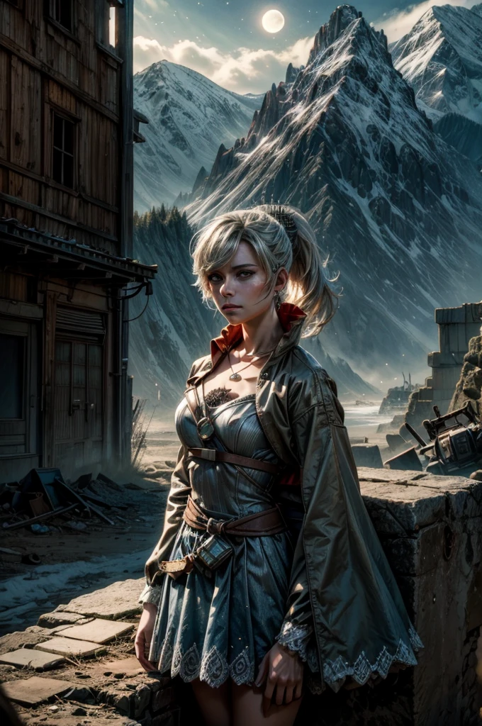 (masterpiece, best quality:1.2), cowboy shot, weissvale, expressionless, closed mouth, looking at viewer, ponytail, scar on eye, military dress,  jewelry, necklace, earrings, (standing with crowd in city ruins on hill), overlooking valley, BREAK night, stars, moon, snow, BREAK mountains in background, waterfall, vehicle wreck, , (crowd in military uniform), bonfires, post-apocalypse, dystopian future, 