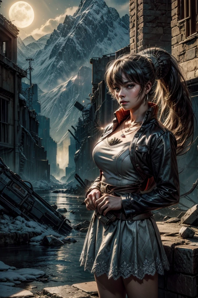 (masterpiece, best quality:1.2), cowboy shot, weissvale, expressionless, closed mouth, looking at viewer, ponytail, scar on eye, military dress, jewelry, necklace, earrings, (standing with crowd in city ruins on hill), overlooking valley, BREAK night, stars, moon, snow, BREAK mountains in background, waterfall, vehicle wreck, , (crowd in military uniform), bonfires, post-apocalypse, dystopian future,