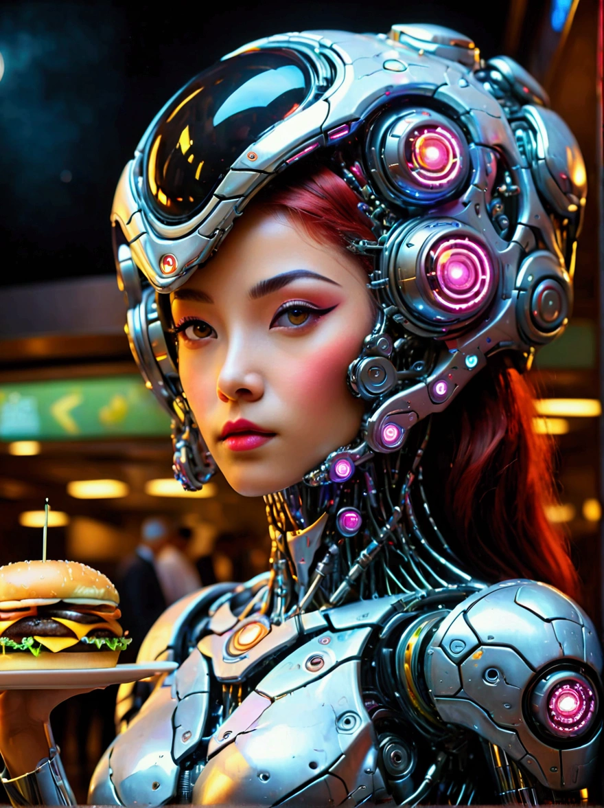 Best quality，8K，high resolution，masterpiece，Ultra Detailed，lifelike，Photorealism，future world，(Vision:1.5)，(A luxurious fast food restaurant on the moon:1.2), (Cyborg female employee:1.5)，(apron)，(Fast food restaurant staff uniforms:1.3)，Transparent Mecha，Cyberpunk cyborg woman，doll，Beautiful meticulous eyes，Beautiful delicate lips，Extremely detailed eyes and face，Long eyelashes，Physically Based Rendering，Extremely detailed description，Ultra-detailed paintings，Futuristic interior decoration，Neon，Sharp focus，Vibrant colors，Science Fiction，Concept Art，High-tech atmosphere，Studio Lighting，HDR，Ultra HD，Bokeh