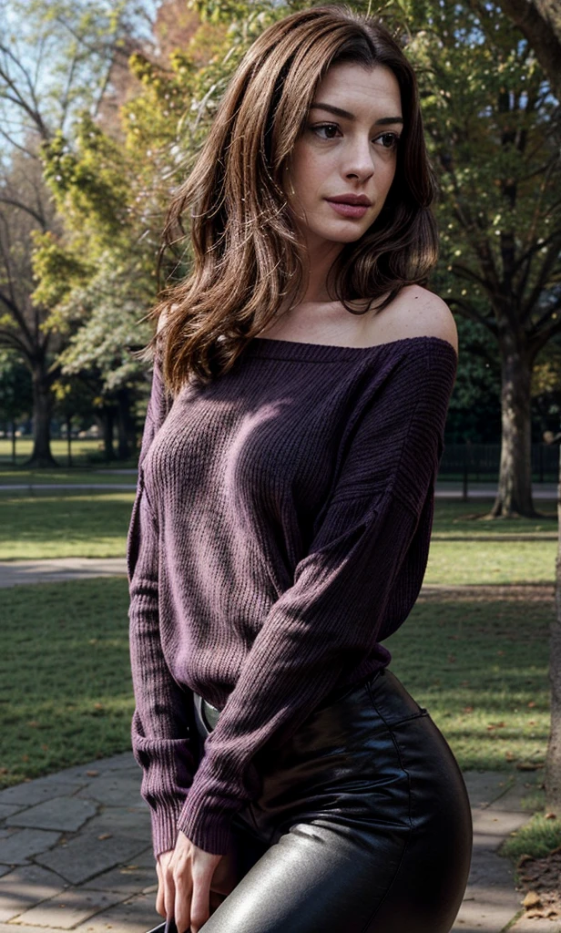 Anne Hathaway, purple sweater, neckline, tight clothes, black pants, neckline, looking to the viewer, expressive eyes, focus on eyes, NSFW, nobody around, in the park, sunny day, neckline expressive, squeezing neckline, grabbing neckline 