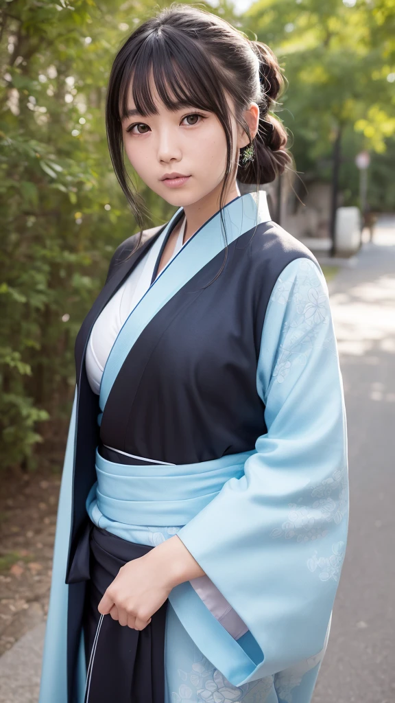 masterpiece,best quality,high resolution,8K,Realistic face,Realistic skin texture,magnified textures, 1 girl,Japanese girl, 19 years old,japanese,detailed eyes,blunt bangs,brown hair,Joyful glow,doubled lid eyes,small nose、sparkling eyes、natural make,(light blue haori(Wear it over a kimono)1.2)、she is shinsengumi,samurai of 19th century,(black japanese clothes:1.2),katana,round face,Guts pose,grimace,smol girl,big breasts,（Sexy chest:1.3）,in the city,(look at viewer),she is walking,good feeling,parade,(from front),(happy:1.4)